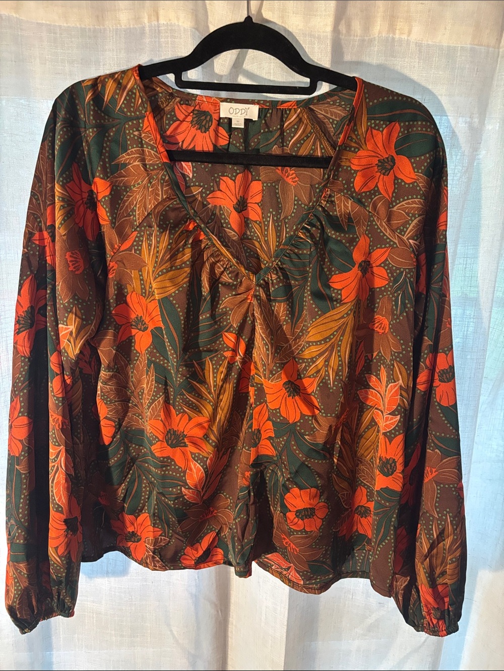 ODDY Green Blouse with Orange Floral Print and Tie Neck